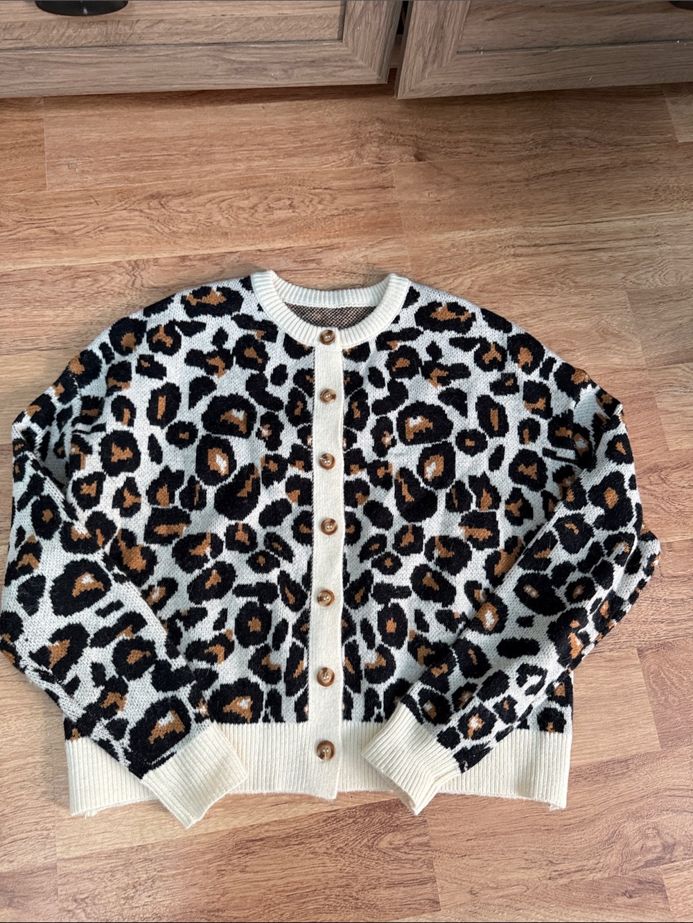 Leopard Print Button-Up Cardigan Sweater - Cream/Tan/Black